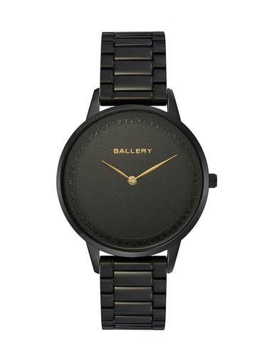 שעון גלרי שחור עם לוח משובץ אבנים לאישה