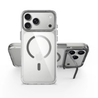 כיסוי אפור עבור Miracase Mirahold iPhone 17 Pro – שני מכשירי אייפון עם כיסוי שקוף אחד עומד והשני נתמך בסטנד כהה פתוח חוטי