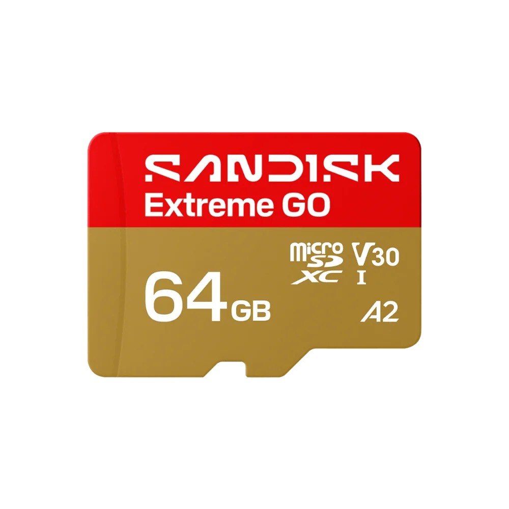 כרטיס זיכרון SanDisk Extreme Go microSDXC UHS-I 64GB – כרטיס אחד אדום-זהב עם כיתוב לבן על רקע לבן טעינה מהירה
