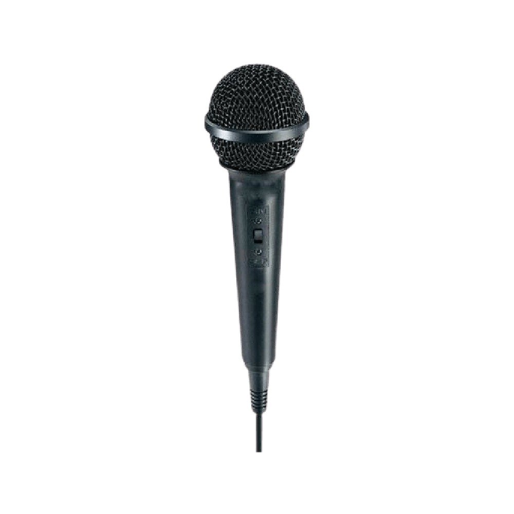 מיקרופון קריוקי לבידורית Silver Line UDM-101 – אלחוטי מיקרופון שחור בודד עם רשת עליונה וכבל תחתון על רקע לבן
