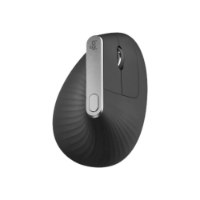 עכבר ארגונומי אנכי Logitech MX Vertical – Type-C מכשיר אפור כהה עם פס כסוף וגלגלת גלילה על רקע לבן