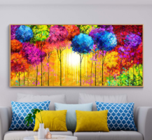 תמונת קנבס הדפס ציור שמן של עצים צבעוניים "יער האושר" | תמונה לבית מודרני| תמונת קנבס לרוחב