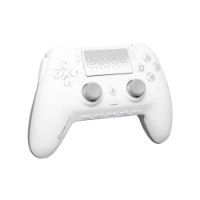 בקר גיימינג אלחוטי צבע לבן Scuf Omega – USB בקר אחד בצבע לבן עם ג ויסטיקים וגריפים אפורים מונח על רקע לבן