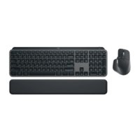 מארז מקלדת ועכבר אלחוטי Logitech MX KEYS S Combo – מקלדת עכבר ומשענת יד בצבע אפור כהה המונחים על רקע לבן Bluetooth