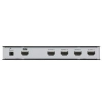 מפצל Aten VS184A 4-Port 4K-U HDMI Splitter – המפצל מציג חיבורי HDMI ומתח בפאנל כסוף
