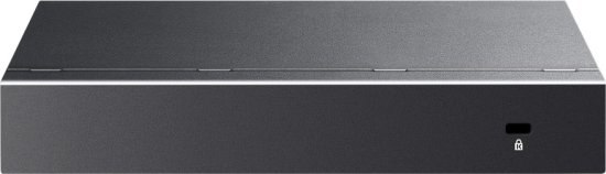 מתג שולחני TP-Link 5-Port Gigabit with 4-Port PoE+ TL-SG1005P-PD – חזית המתג עם חריץ וסמל מנעול