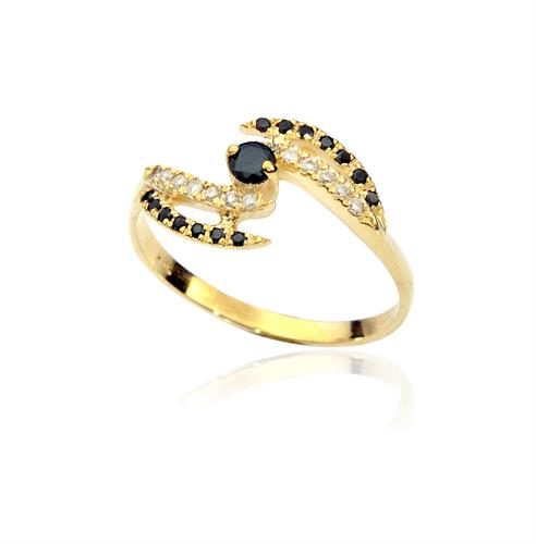 טבעת מניפה יהלומים שחורים ולבנים בזהב 14 קראט