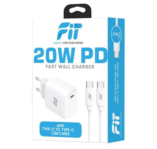 מטען קיר PD 20W עם כבל טייפ-סי לטייפ-סי - חברת FiT באריזה מהודרת