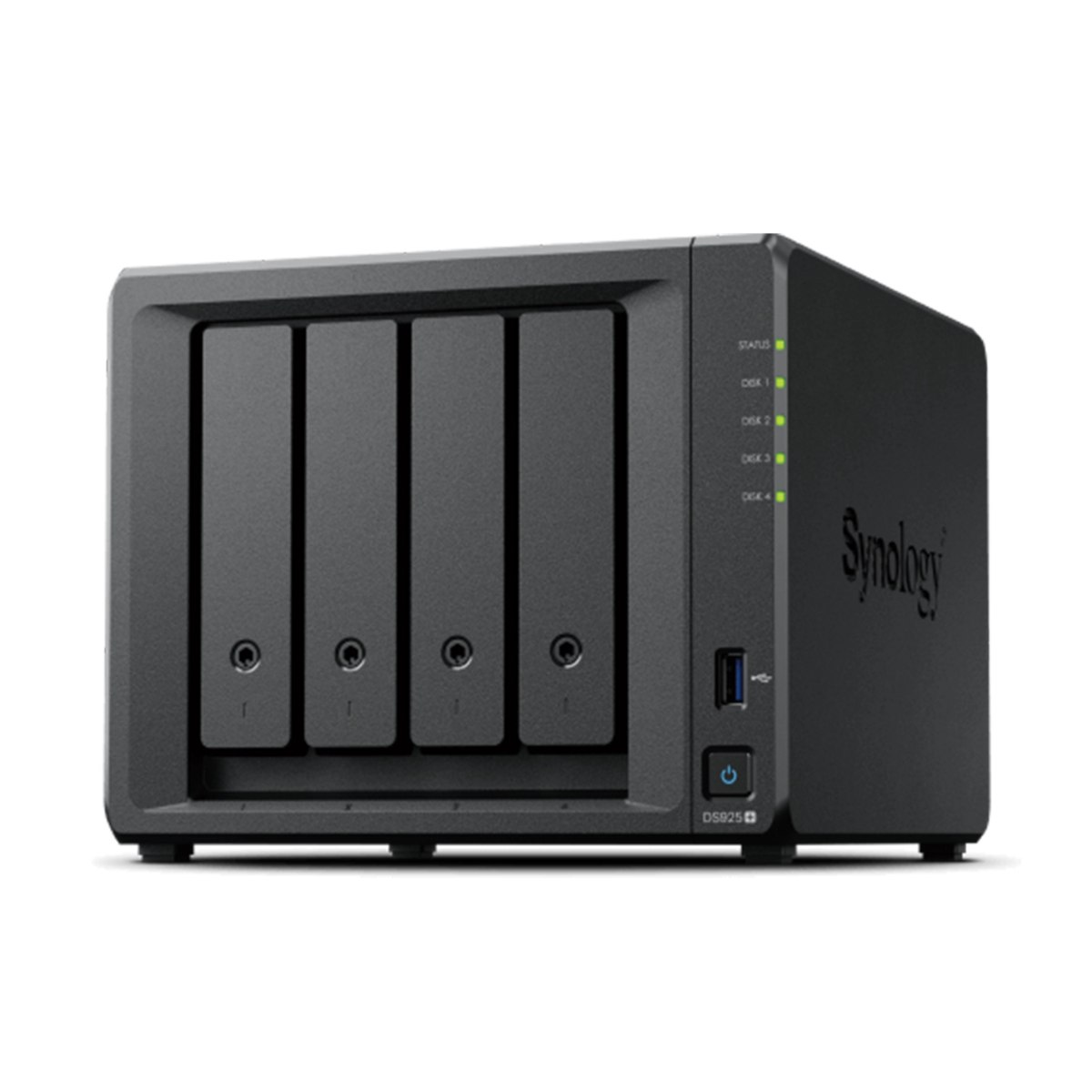 שרת אחסון מתקדם Synology DS925+ 4 – מציג יחידה אחת בצבע שחור עם ארבעה מפרצים קדמיים ונוריות סטטוס ירוקות