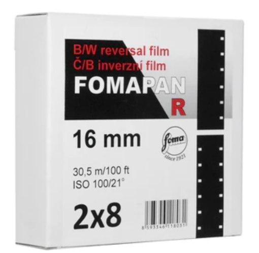 Fomapan R 100 2x8mm x 30.5m סרט פוזיטיב שחור לבן למסרטות 16 מ"מ או 8 מ"מ רגיל חרור בשני צדדים