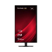 מסך מחשב 24” Viewsonic VG2408A-MHD – מסך שחור אחד עומד אנכית מציג נתונים טכניים על רקע אדום כהה