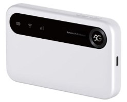 נתב נייד ZTE 5G U50 – נתב נייד לבן, מזווית, עם מסך תצוגה המציג אייקוני סוללה ו-5G.