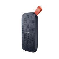 כונן חיצוני SanDisk Portable Ssd 1TB – כונן נייד בצבע אפור-כחול עם לולאה כתומה ומרקם מחורר USB