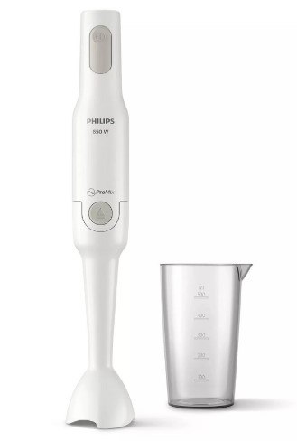 בלנדר מוט Philips HR2531 – בלנדר מוט לבן עומד ליד כוס מדידה שקופה על רקע לבן