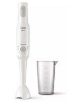 בלנדר מוט Philips HR2531 – בלנדר מוט לבן עומד ליד כוס מדידה שקופה על רקע לבן