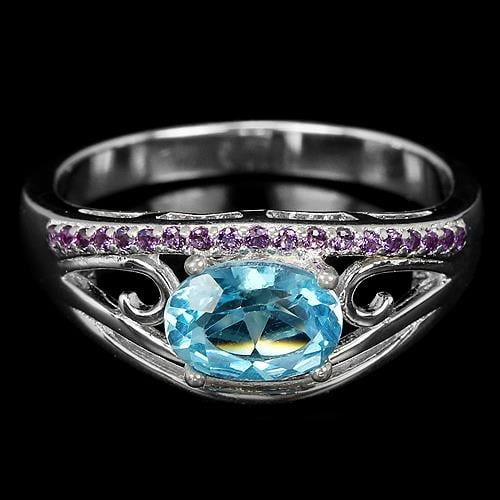 טבעת כסף משובצת טופז כחול וזרקונים סגולים RG7210 | תכשיטי כסף 925 | טבעות כסף