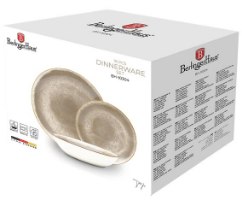 סט כלי אוכל פורצלן 18 חלקים Berlinger Haus Champagne BH10304 – קופסת אריזה לבנה מציגה שלושה כלי אוכל בצבע שמפניה