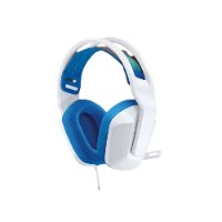 אוזניות גיימינג חוטיות צבע לבן Logitech G335 – אוזנייה בודדת בצבע לבן עם ריפודים פנימיים כחולים ומיקרופון על רקע לבן