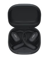 אוזניות ספורט אוזן-פתוחה אלחוטיות +Shokz OPENFIT 2 – זוג אוזניות שחורות מסודרות בתוך נרתיק הטעינה הפתוח שלהן USB