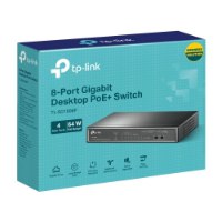 מתג שולחני Tp-Link TL-SG1008P 8-Port Gigabit Switch – קופסת המוצר בתכלת מציגה את המתג השחור ותכונותיו העיקריות המודגשות