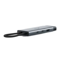 תחנת עגינה Tp-Link UH7020C USB Type-C 7-IN-1 Hub – פריט בודד תחנת עגינה כסופה עם כבל קלוע שחור ויציאות HDMI ו-USB גלויות