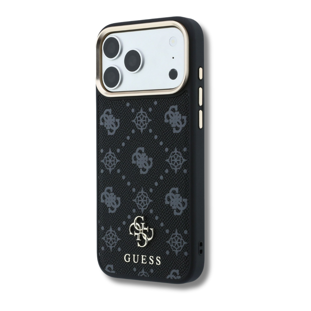 כיסוי יוקרתי מבית GUESS לאייפון 17 פרו מקס iPhone 17 Pro Max דפוס מונוגרמה 4G עם מסגרת מצלמה מוזהב