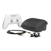 בקר גיימינג אלחוטי צבע לבן Scuf Omega – הבקר הלבן כיסוי נשיאה שחור כבל טעינה וארבעה כפתורים חלופיים