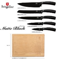 סט 5 סכינים כולל קרש חיתוך במבוק Berlinger Haus Matte Black BH2549 – תצוגה אינפוגרפית של חמישה סכינים שחורים וקרש חיתוך
