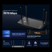 ראוטר TP-Link BE3600 WiFi 7 Dual-Band Archer BE230 – 4K פריט בודד מודעת פרסום מציגה את הראוטר השחור מזווית עליונה