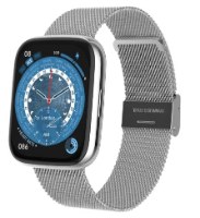 שעון חכם צבע כסף FitPro S4 – שעון כסוף עם רצועת רשת כסופה מציג פני שעון עם זמני עולם