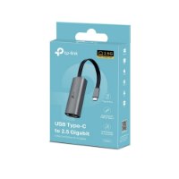 מפצל Tp-Link UE302C USB Type-C to 2.5 Gigabit – פריט בודד קופסת אריזה כחולה-טורקיז המציגה את המכשיר האפור עם חיבור Type-C