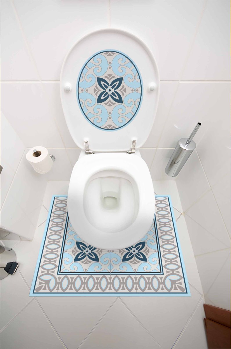 עיצוב איזור האסלה – מדבקה (39 ₪) שטיחון (88 ₪) סט (119 ₪) תכלת אפור TIVA DESIGN