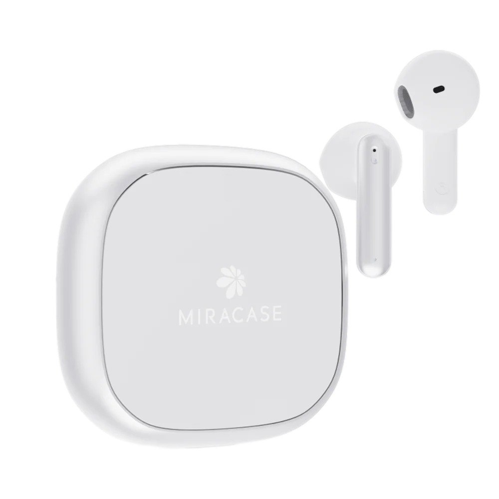 אוזניות אלחוטיות צבע שחור Miracase MTWS170 – מארז טעינה לבן של Miracase ושני אטמים לבנים על רקע לבן Bluetooth