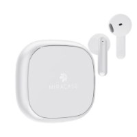 אוזניות אלחוטיות צבע שחור Miracase MTWS170 – מארז טעינה לבן של Miracase ושני אטמים לבנים על רקע לבן Bluetooth