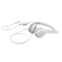 אוזניות עם מיקרופון צבע לבן Logitech H390 USB – אוזנייה לבנה עם מיקרופון וכבל USB מונחת על רקע לבן