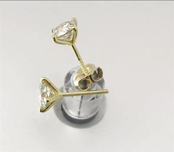 עגילי סוליטר בזהב 14 קאראט | עגילי יהלומים | יהלומים משובצים |יהלומים לבנים | 1 קראט | עגילים צמודים