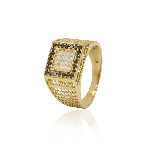 טבעת זהב לגבר רשת יהלומים שחורים ולבנים