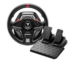 הגה מירוצים עם דוושות מגנטיות Thrustmaster T128P – שחור ודוושותיו השחורות מונחים על רקע לבן USB-C
