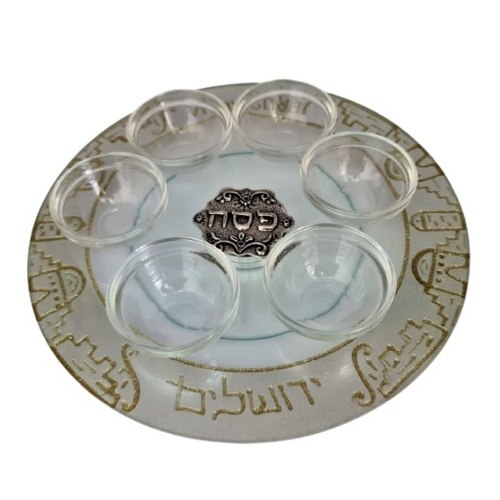 צלחת פסח זכוכית מסתובבת עיטור קונטור ירושלים מוזהב