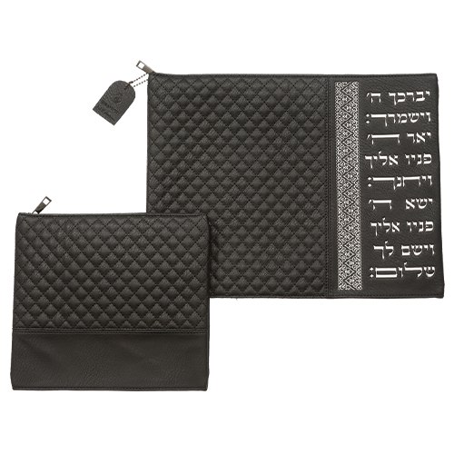 סט טלית תפילין דמוי עור שחור אותיות בולטות "ויברכך" כסף