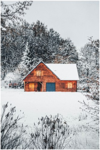 תמונת קנבס הדפס מינימאליסטי "בית באמצע יער מושלג" |בודדת או לשילוב בקיר גלריה | תמונות לבית ולמשרד