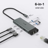 מפצל Tp-Link UH6120C USB Type-C 6-in-1 – המפצל האפור עם כבל Type-C קלוע ותצוגת אינפוגרפיקה של יציאותיו השונות