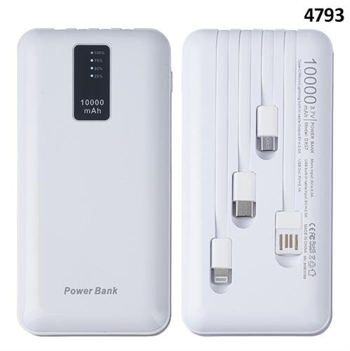 פאוור בנק לבן עם צמת כבלים נשלפת 10,000mAh טעינה מהירה,שני פנסי לד, 4 יציאות ,טעינת USB/TYPE-C