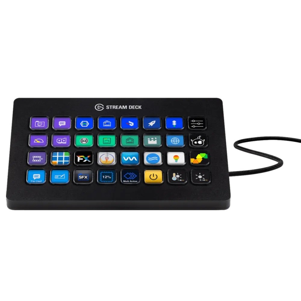 שלט Corsair Elgato Stream Deck XL – שלט שחור עם 32 מקשי LCD צבעוניים וכבל USB מחובר