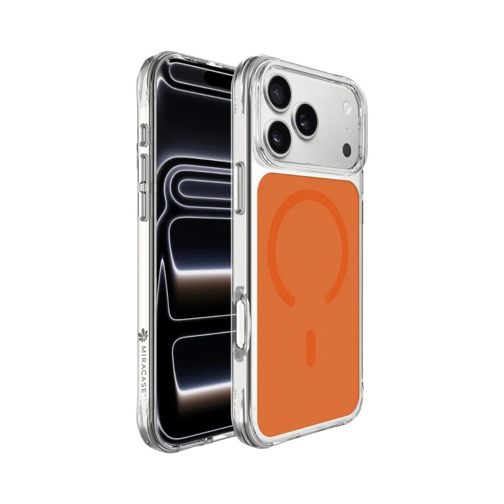 כיסוי כתום עבור Miracase Miragrid iPhone 17 Pro – אלחוטי מגן שקוף עם גב כתום וטבעת מגנטית המציג אייפון