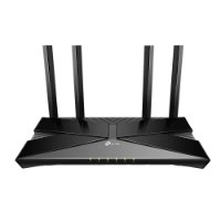 ראוטר TP-Link AX3000 Dual Band Gigabit Wi-Fi 6 Archer AX53 – ראוטר שחור עם ארבע אנטנות ונוריות חיווי ירוקות עם 4K