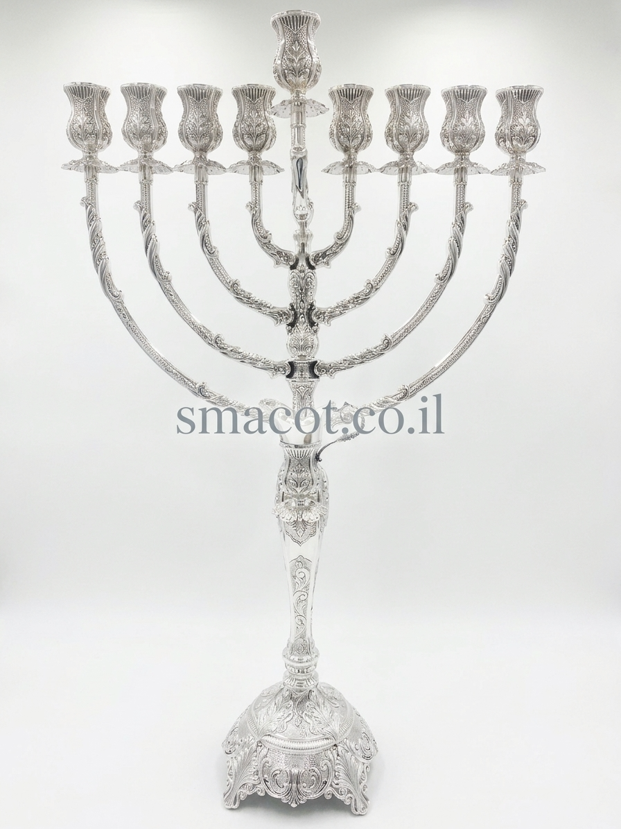 חנוכיה מכסף טהור פירנצה 48 ס"מ עם גביעי טוליפ מפוספסים – מבט מלפנים