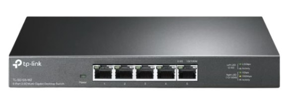 מתג שולחני TP-Link SG105-M2 5-Port 2.5G Switch – מבט חזיתי על המתג עם חמש יציאות RJ45 ונוריות חיווי