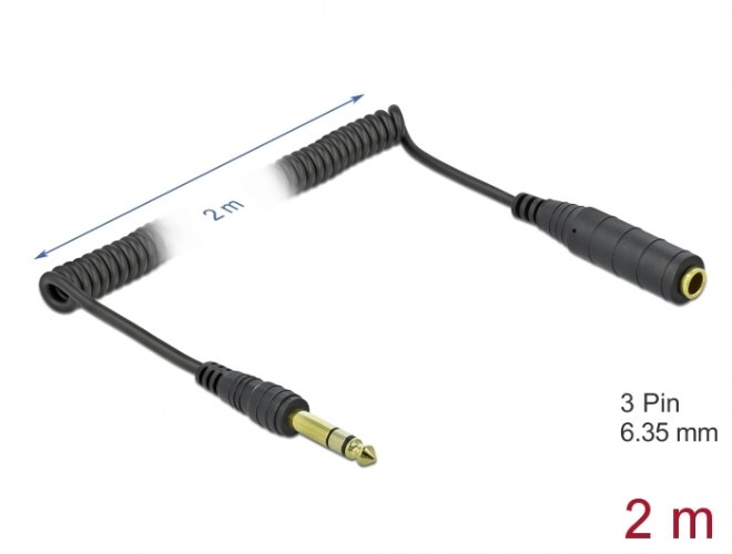 כבל מאריך אודיו מסולסל Delock Coiled Stereo Jack Extension Cable 6.35 mm 3 pin male to female 2 m