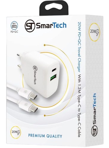 מטען קיר PD+QC 20W עם כבל טייפ-סי לטייפ-סי - דגם STTC20W - פתרון טעינה מושלם מבית SmarTech